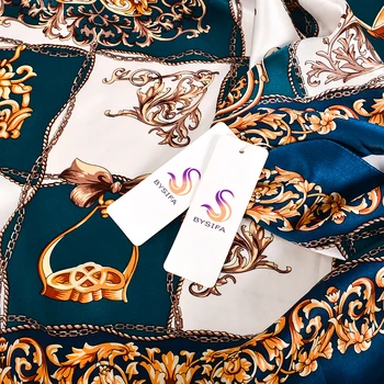 BYSIFA|Nove Modne Ženske Rute Luksuzni Modro Zlato Svile Šal Hidžab 90*90 cm Vse Tekme Sodijo Zimski Ženski Kvadratni Šal Ogrinjalo